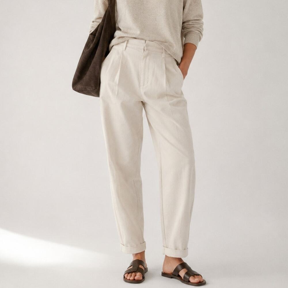 Brunello Cucinelli Straight Tapered Pleated Pants Women 10 Ecru Cotton High-rise